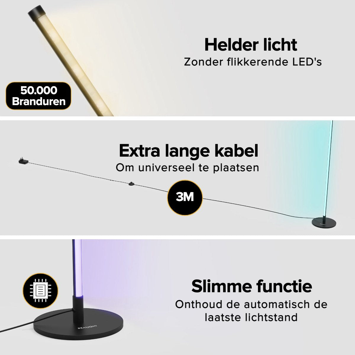 Realight RGB LED Vloerlamp 146cm dimbaar Inclusief Afstandsbediening Zwart