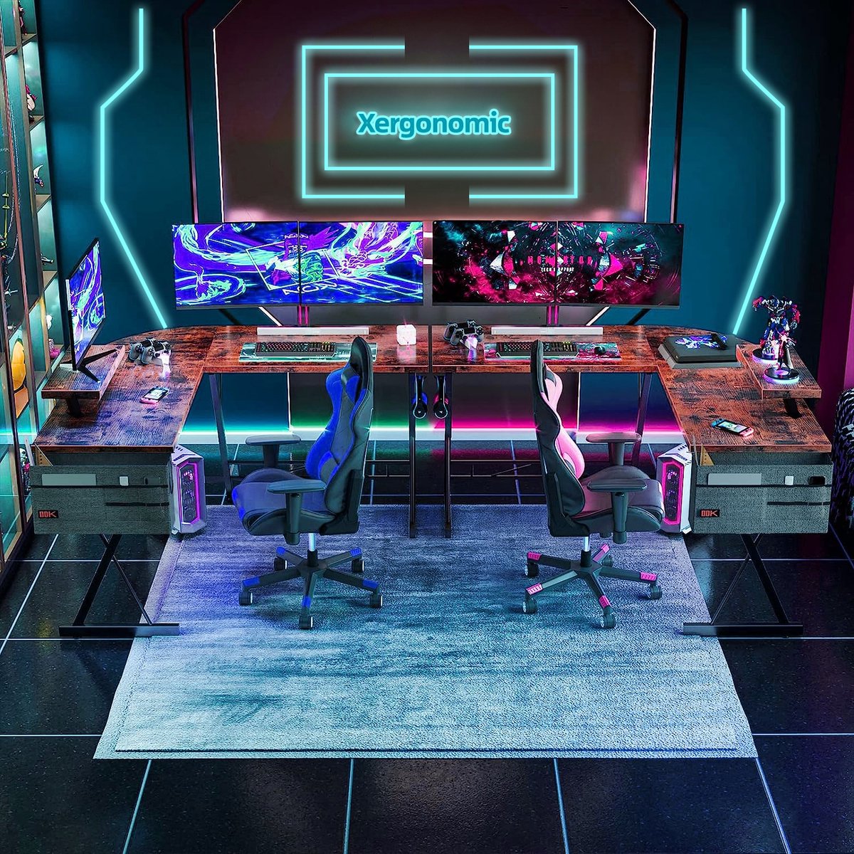 Xergonomic Game bureau - Gaming desk - Game tafel – Hoekbureau – Computertafel – 130cm x 130cm x 85 cm – Zwart/Hout