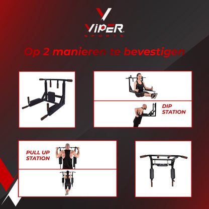 Viper Sports PullPower – Pull Up Bar – Optrekstang – Rug- & Armkussen – Anti-slip – Tot 120 kg - Metaal – Zwart/Rood