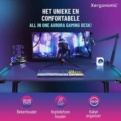 Xergonomic Aurora Gaming Desk - Carbonfiber look - Computer Tafel -LED-Verlichting - Incl. beker-, koptelefoonhouder en kabelorganizer - B125xH75xL62 cm - Zwart