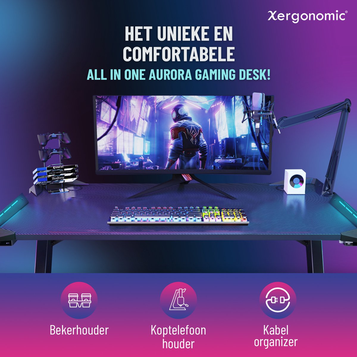 Xergonomic Aurora Game bureau met LED - Gaming desk - Game tafel - B125xH75xL62 cm - Zwart