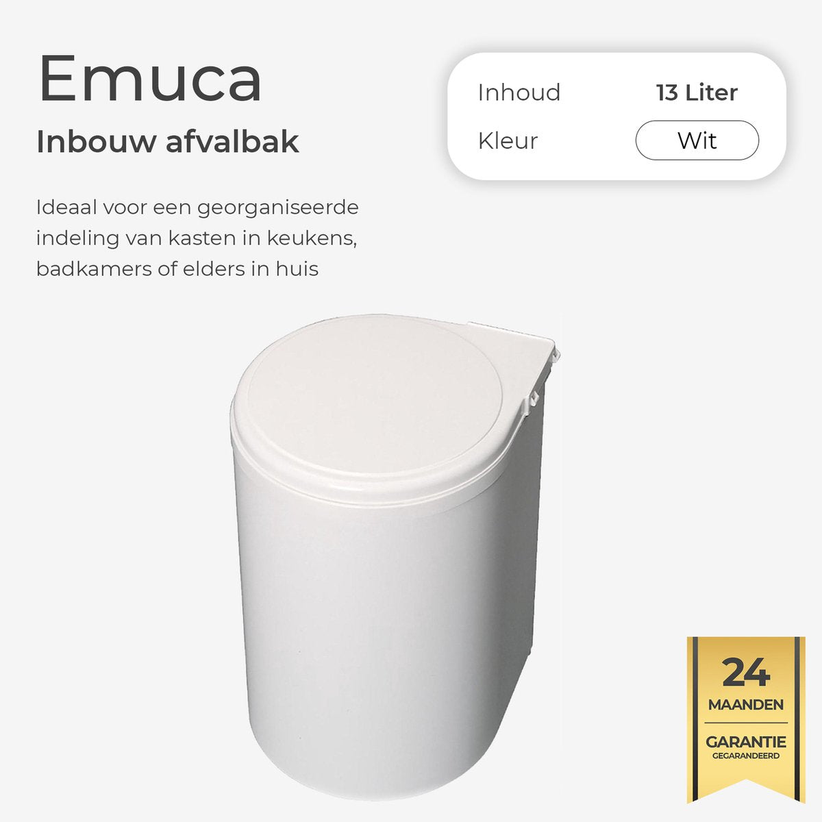 Inbouw prullenbak - Inbouw afvalemmer - Inbouw afvalbak - Inbouw vuilnisbak - 13 Liter rond Wit