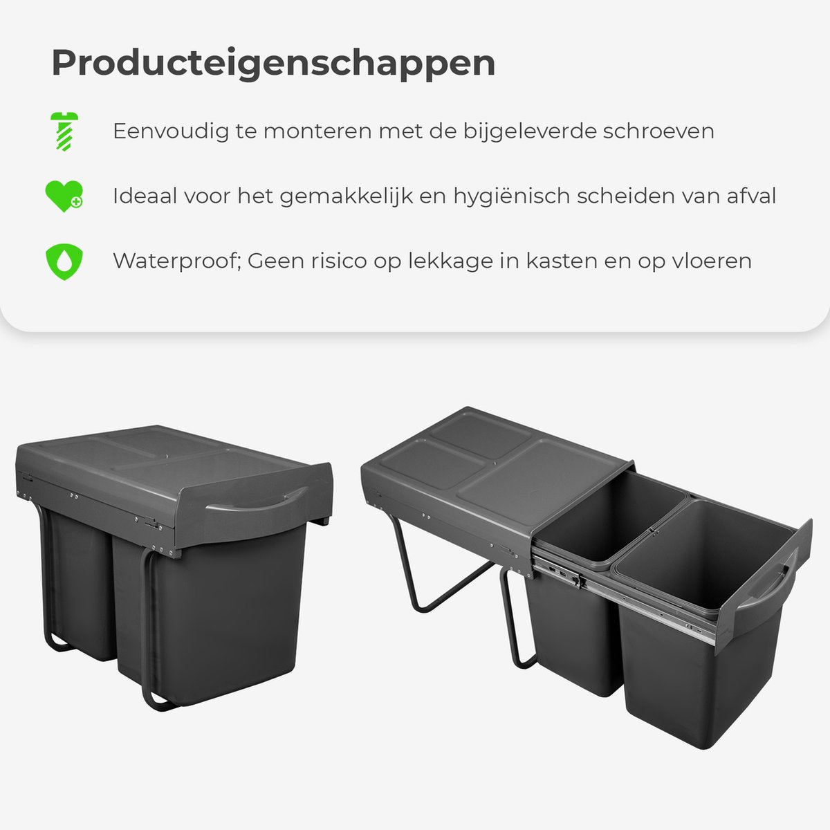 Eleganca Inbouw prullenbak - Inbouw afvalemmer - Inbouw afvalbak - Inbouw vuilnisbak - Prullenbakken afval scheiden - 2x20 Liter
