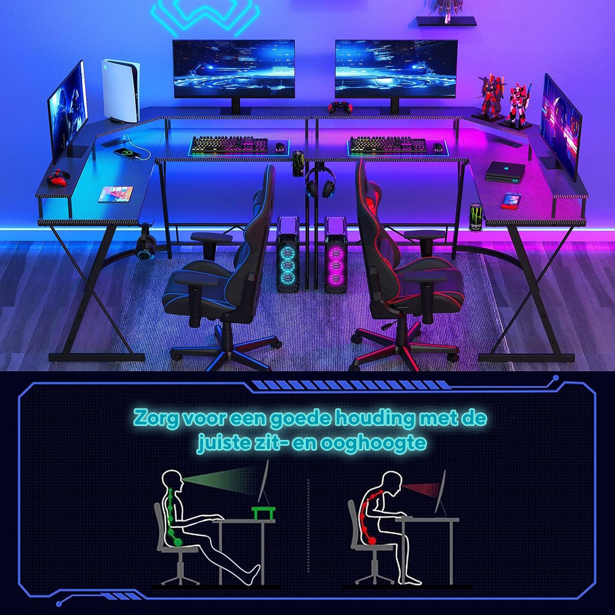 Bureau de jeu Xergonomic - Bureau d'angle - Table de jeu - Table d'ordinateur - Eclairage LED - 2 prises EU &amp; 2 ports USB intégrés - 127 x 127 x 74,4 cm - Noir