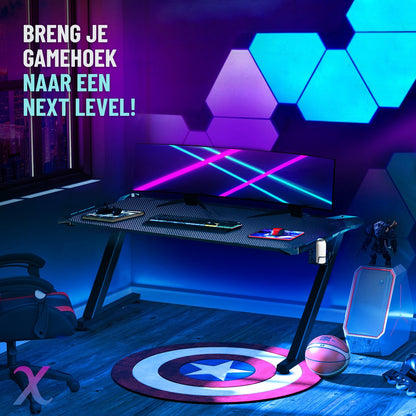 Xergonomic Aurora Gaming Desk - Carbonfiber look - Computer Tafel - LED-Verlichting - Incl. beker-, koptelefoonhouder en kabelorganizer - B160 x D62 x H75 cm - Zwart