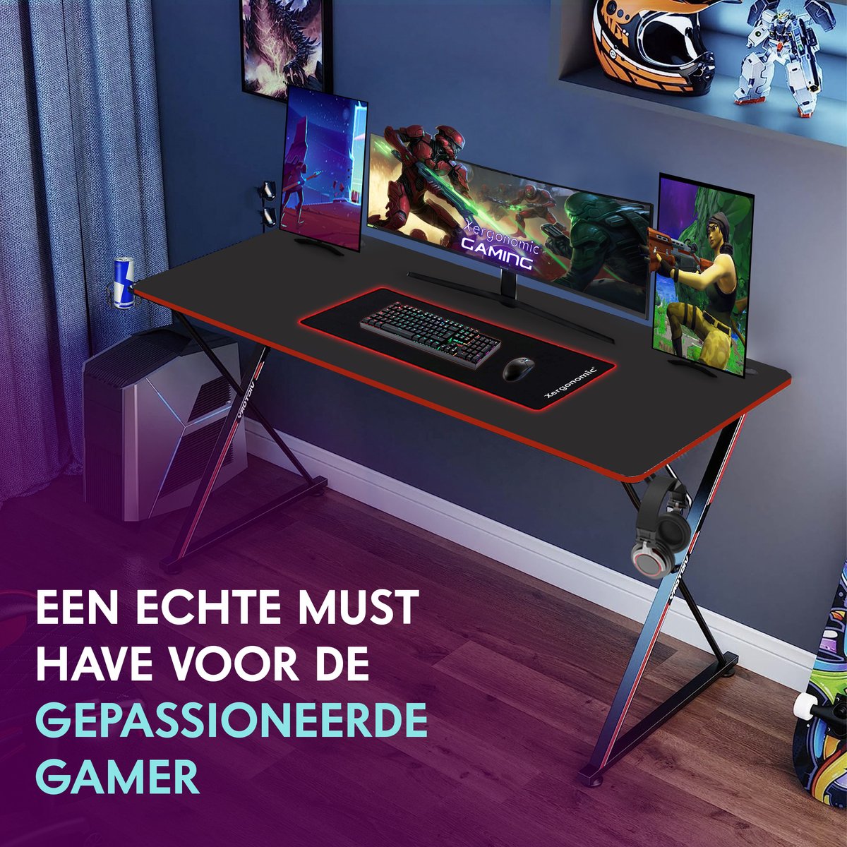 Xergonomic Aion Cyborg Game bureau - Gaming desk - Game tafel met koptelefoonhouder, bekerhouder & kabel organizer - Carbon Fiber Coated Toplaag - Verstelbare poten - D60xB160xH75 cm - Zwart/Rood