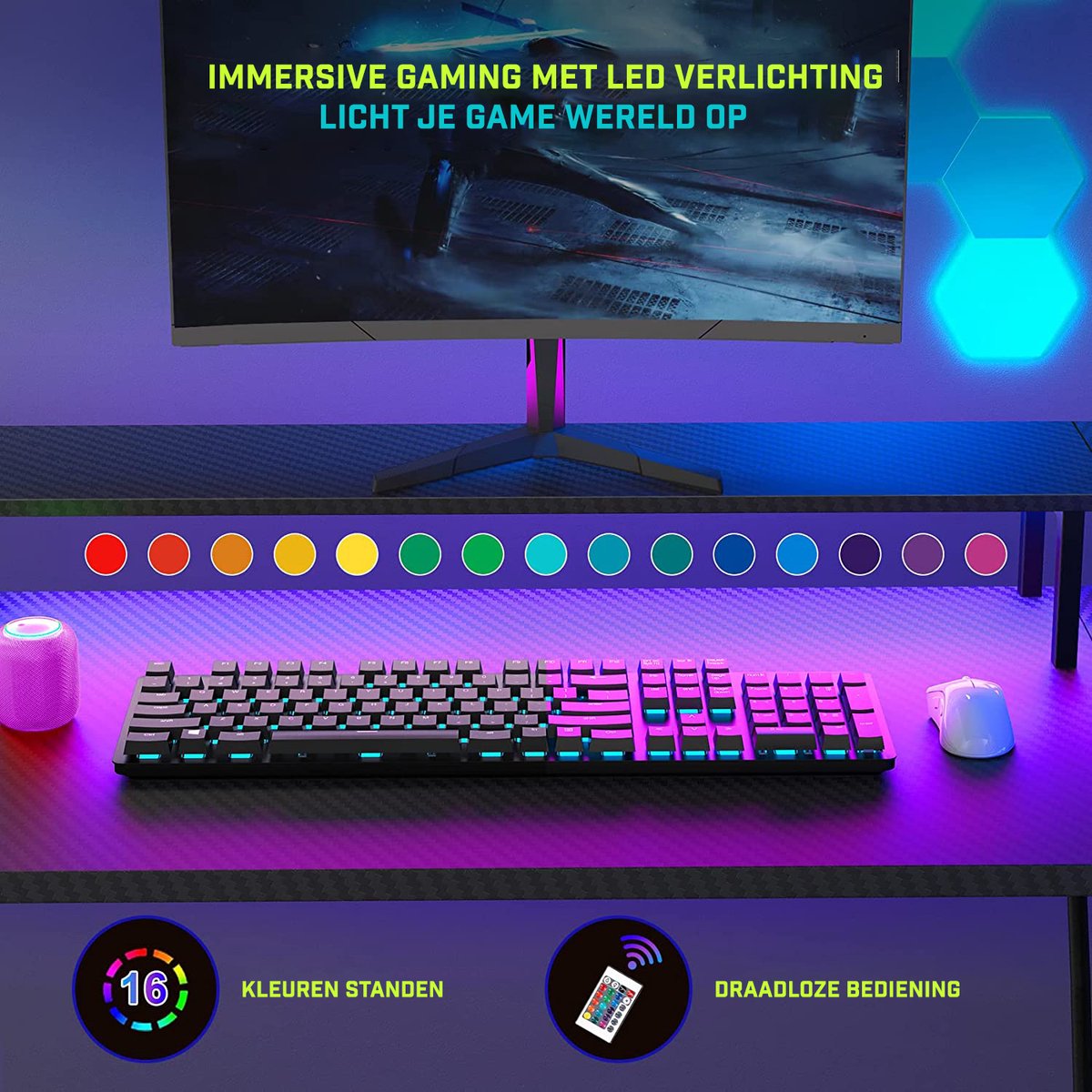 Xergonomic Game bureau met LED- Gaming desk - Game tafel – Hoekbureau - Computertafel - 2 EU stopcontacten & 2 USB-poorten ingebouwd – 127 x 127 x 74.4 cm – Zwart