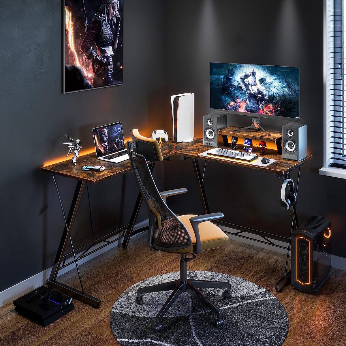 Xergonomic Game bureau - Gaming desk - Game tafel – Hoekbureau – Computertafel – 130cm x 130cm x 85 cm – Zwart/Hout