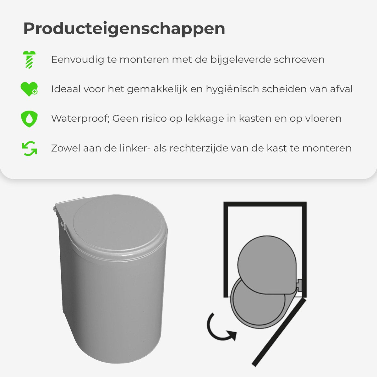 Inbouw prullenbak - Inbouw afvalemmer - Inbouw afvalbak - Inbouw vuilnisbak - 13 Liter rond Grijs