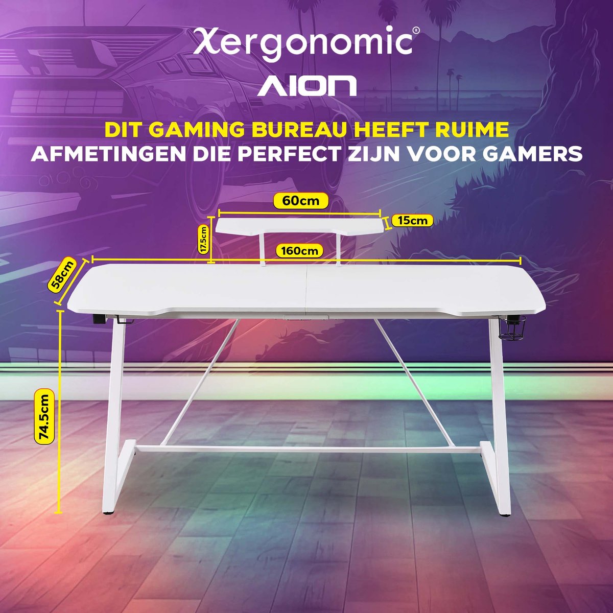 Xergonomic Morpheus SubzeroGame bureau - Gaming desk - Game tafel met koptelefoonhouder, bekerhouder & monitorstandaard - Carbon Fiber Coated Toplaag - D58xB160xH74,5-92 cm - Wit