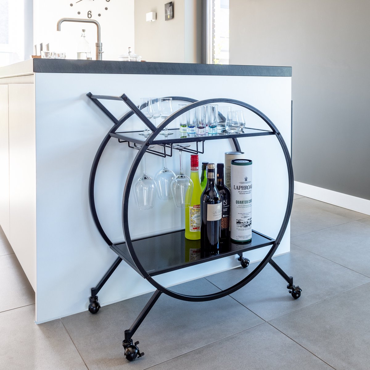 Eleganca Bar trolley met zwarte glazen bladen 2-laags serveerwagen Zwart