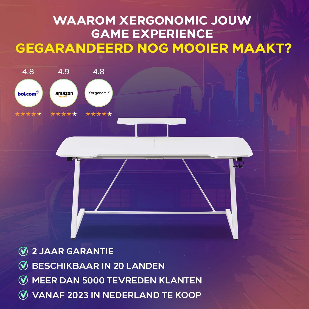 Xergonomic Morpheus SubzeroGame bureau - Gaming desk - Game tafel met koptelefoonhouder, bekerhouder & monitorstandaard - Carbon Fiber Coated Toplaag - D58xB160xH74,5-92 cm - Wit