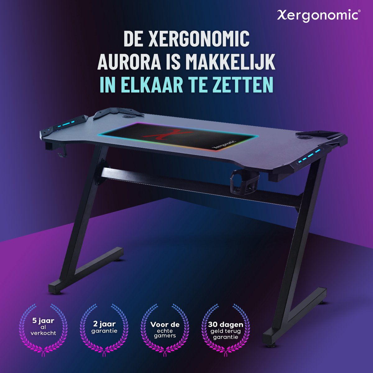 Xergonomic Aurora Game bureau met LED - Gaming desk - Game tafel - B125xH75xL62 cm - Zwart