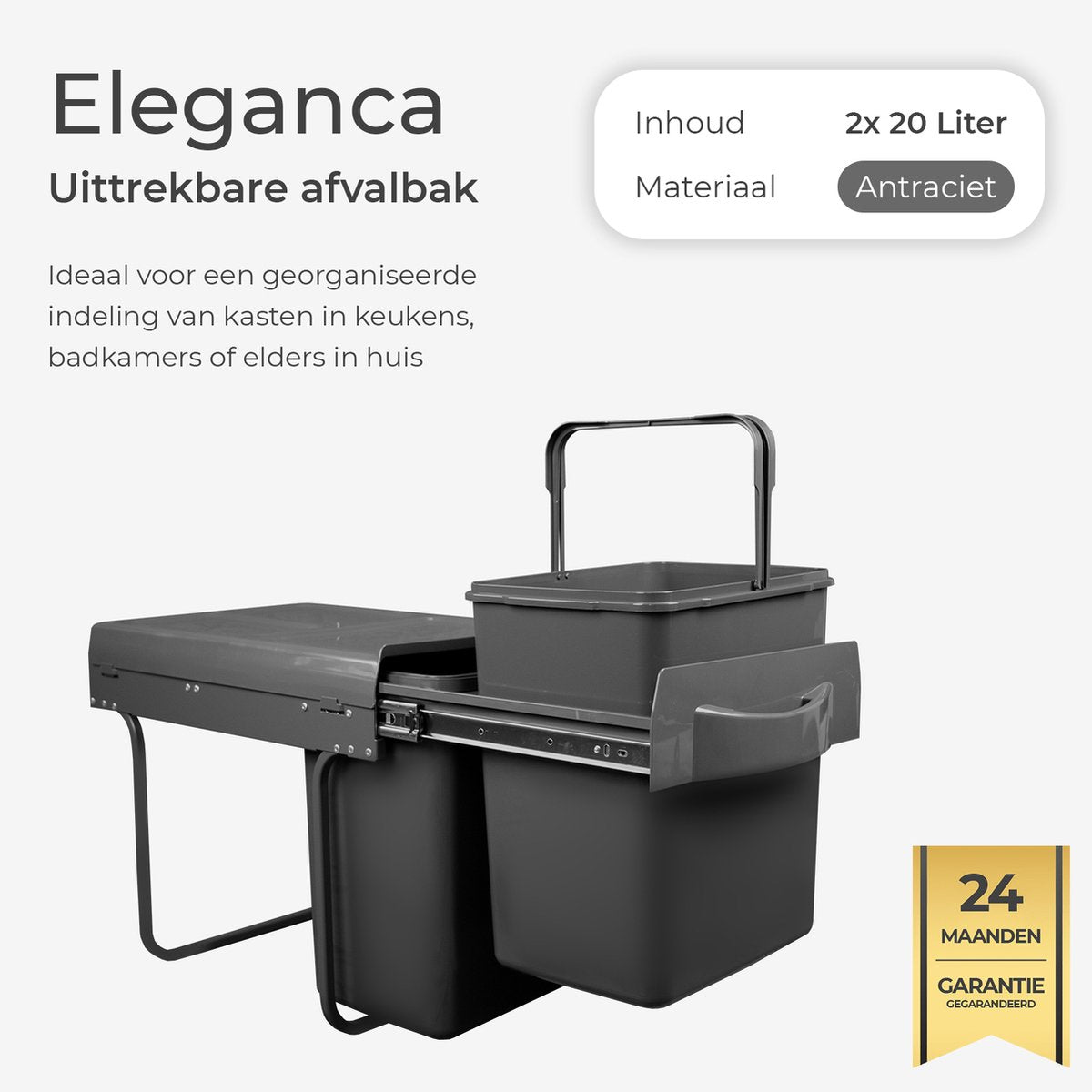 Eleganca Inbouw prullenbak - Inbouw afvalemmer - Inbouw afvalbak - Inbouw vuilnisbak - Prullenbakken afval scheiden - 2x20 Liter