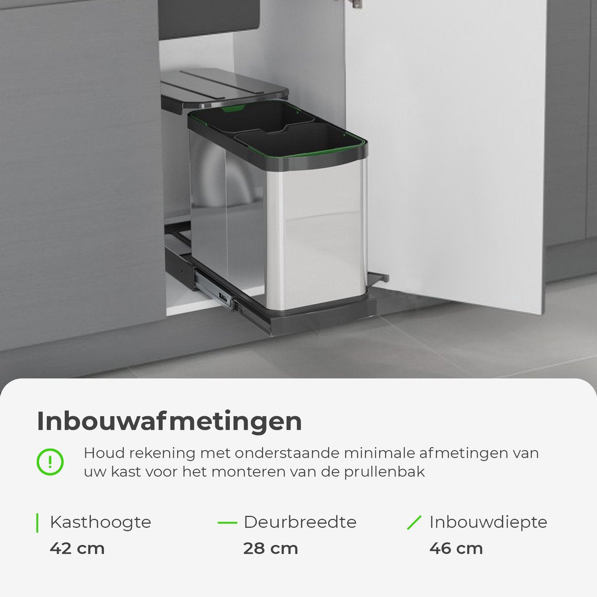 Inbouw prullenbak - Inbouw afvalemmer - Inbouw afvalbak - Inbouw vuilnisbak - Prullenbakken afval scheiden - 2x12 Liter RVS bodembevestiging en automatisch uittrekbaar