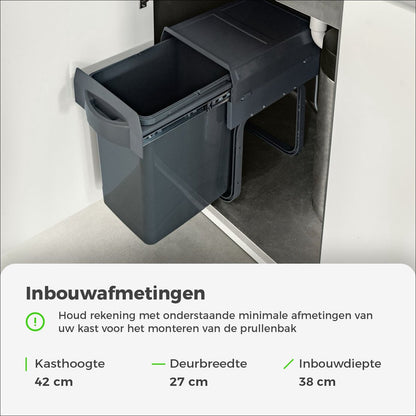 Eleganca Inbouw prullenbak - Inbouw afvalemmer - Inbouw afvalbak - Inbouw vuilnisbak - 20 Liter - Antraciet B26 x D37 x H41 cm