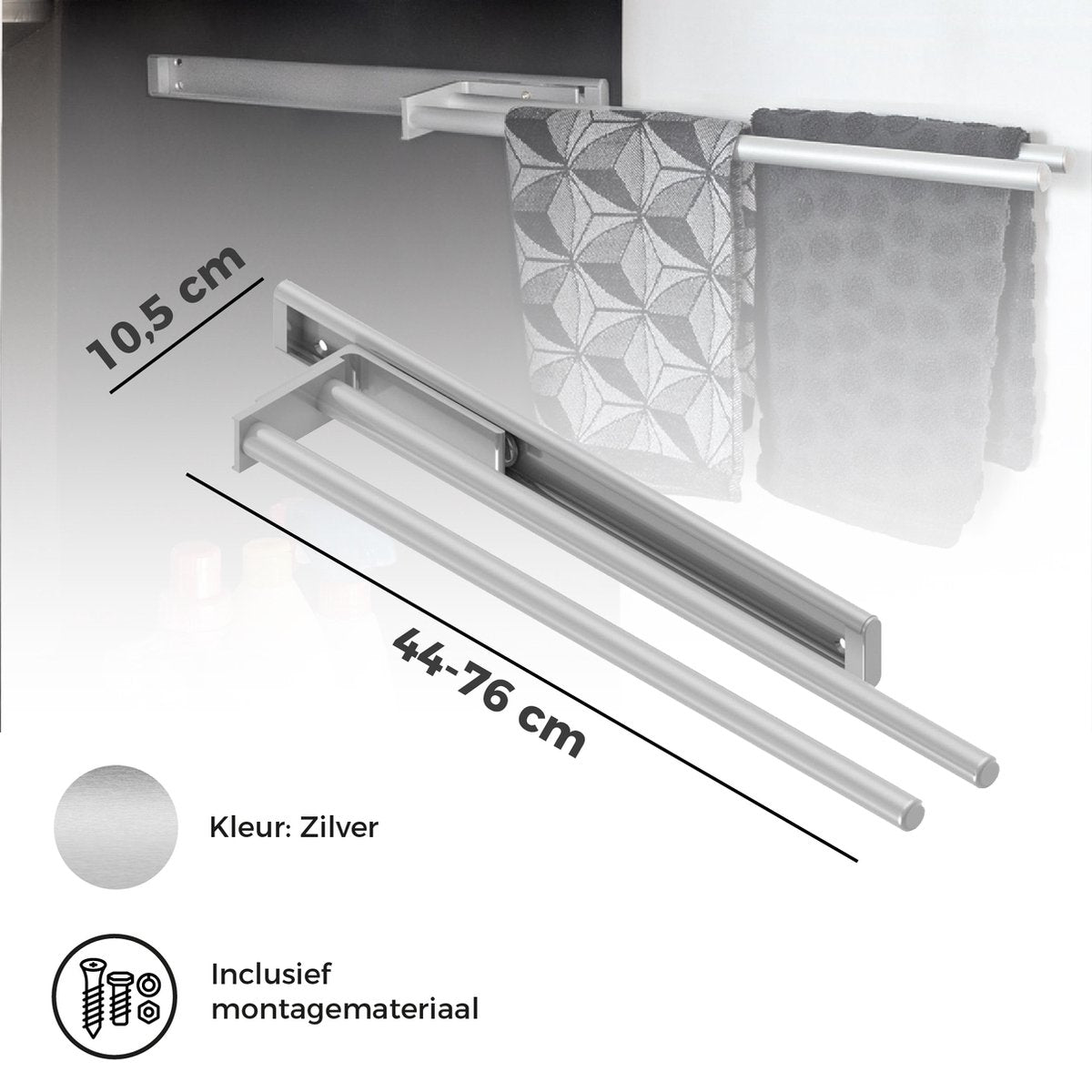 Eleganca Uittrekbaar aluminium handdoekrek 2 armen 44cm Zilver
