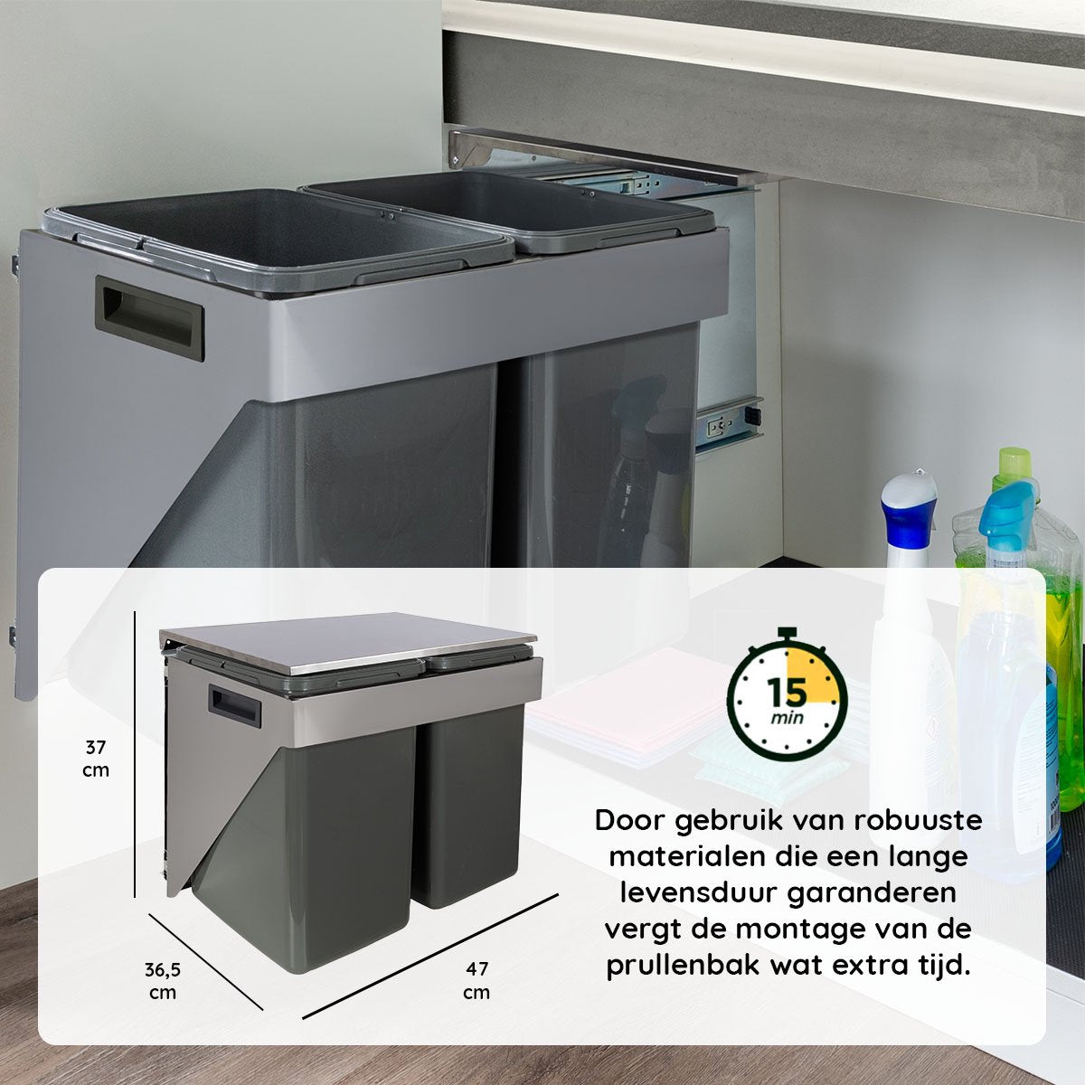 Eleganca Inbouw prullenbak - 2 x 20 liter - wandbevestiging - Inbouw afvalemmer - Inbouw afvalbak - Inbouw vuilnisbak - Prullenbakken afval scheiden