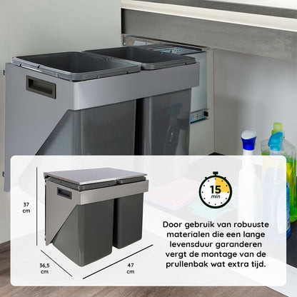 Eleganca Inbouw prullenbak - 2 x 20 liter - wandbevestiging - Inbouw afvalemmer - Inbouw afvalbak - Inbouw vuilnisbak - Prullenbakken afval scheiden