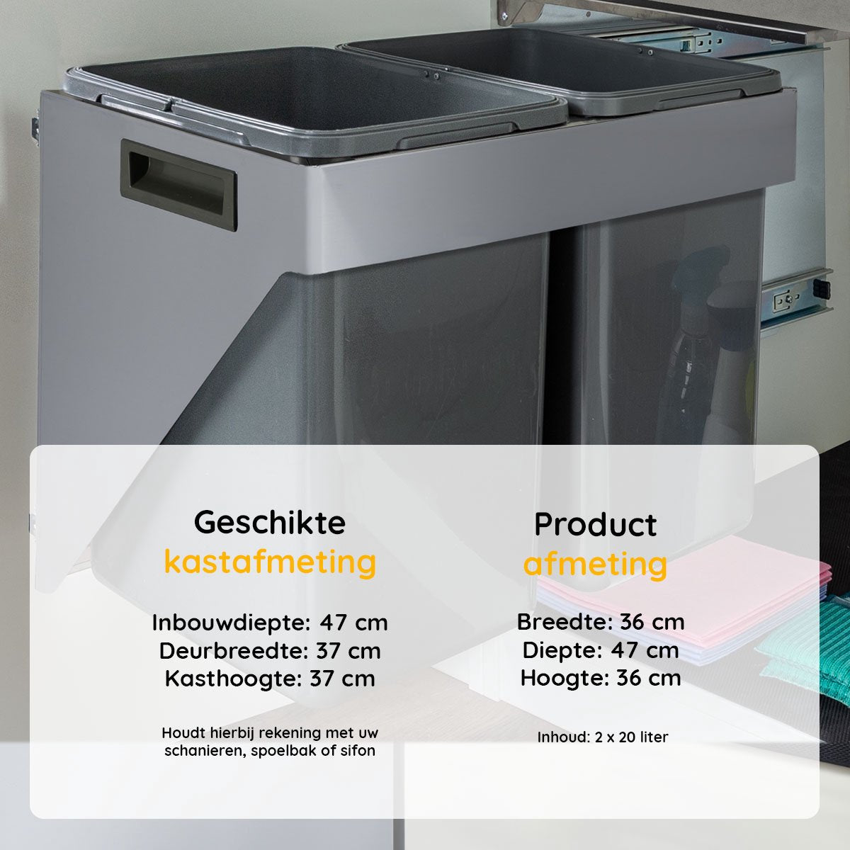 Eleganca Inbouw prullenbak - 2 x 20 liter - wandbevestiging - Inbouw afvalemmer - Inbouw afvalbak - Inbouw vuilnisbak - Prullenbakken afval scheiden