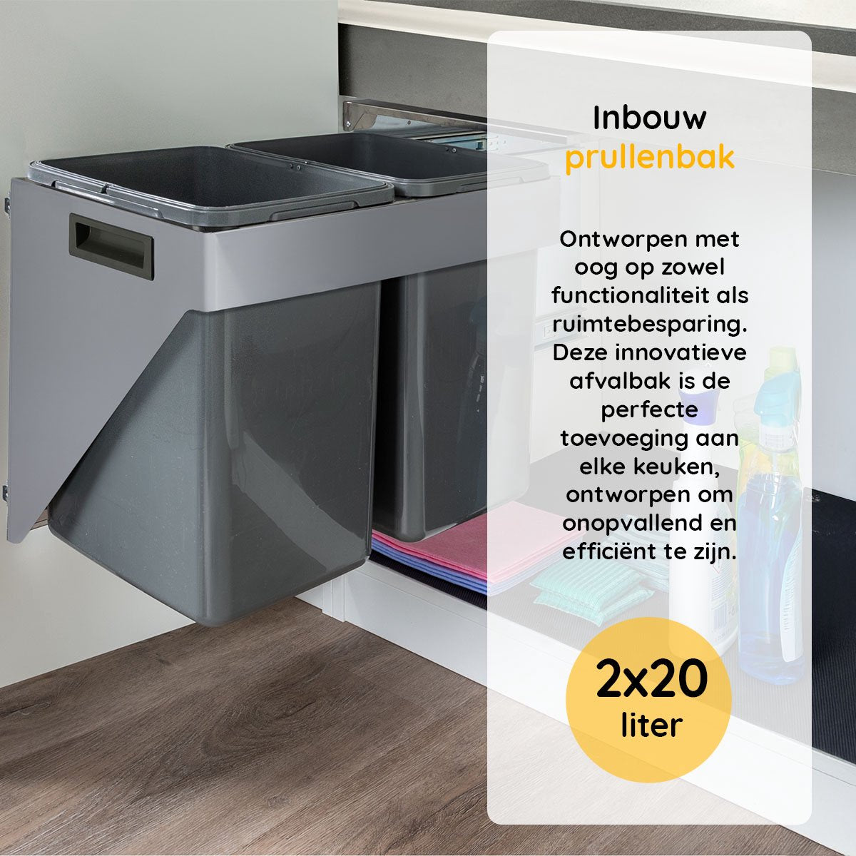 Eleganca Inbouw prullenbak - 2 x 20 liter - wandbevestiging - Inbouw afvalemmer - Inbouw afvalbak - Inbouw vuilnisbak - Prullenbakken afval scheiden