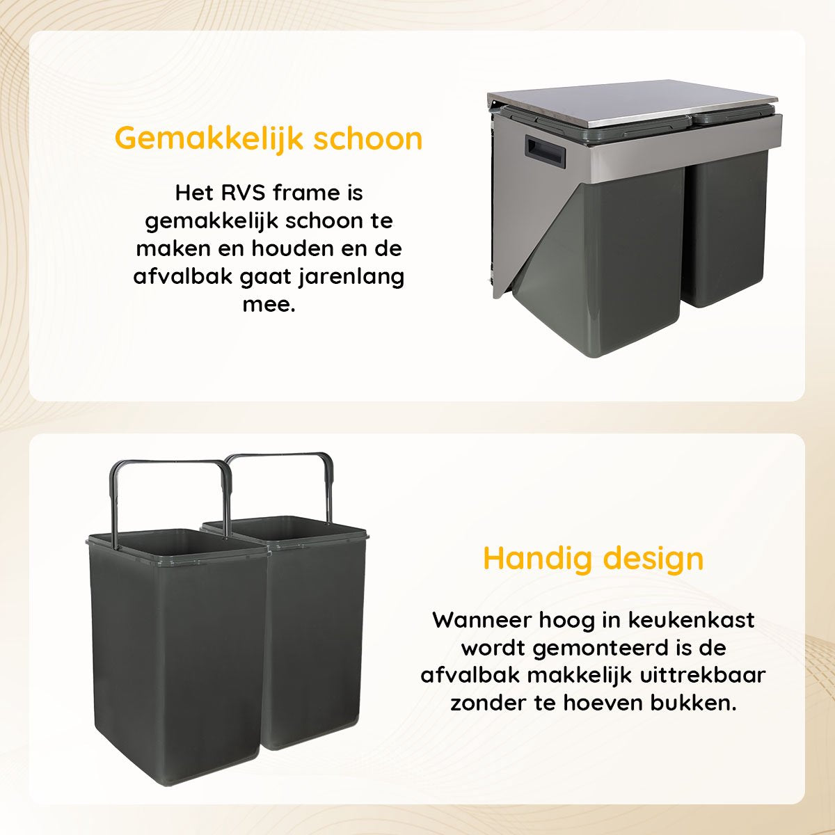 Eleganca Inbouw prullenbak - 2 x 20 liter - wandbevestiging - Inbouw afvalemmer - Inbouw afvalbak - Inbouw vuilnisbak - Prullenbakken afval scheiden