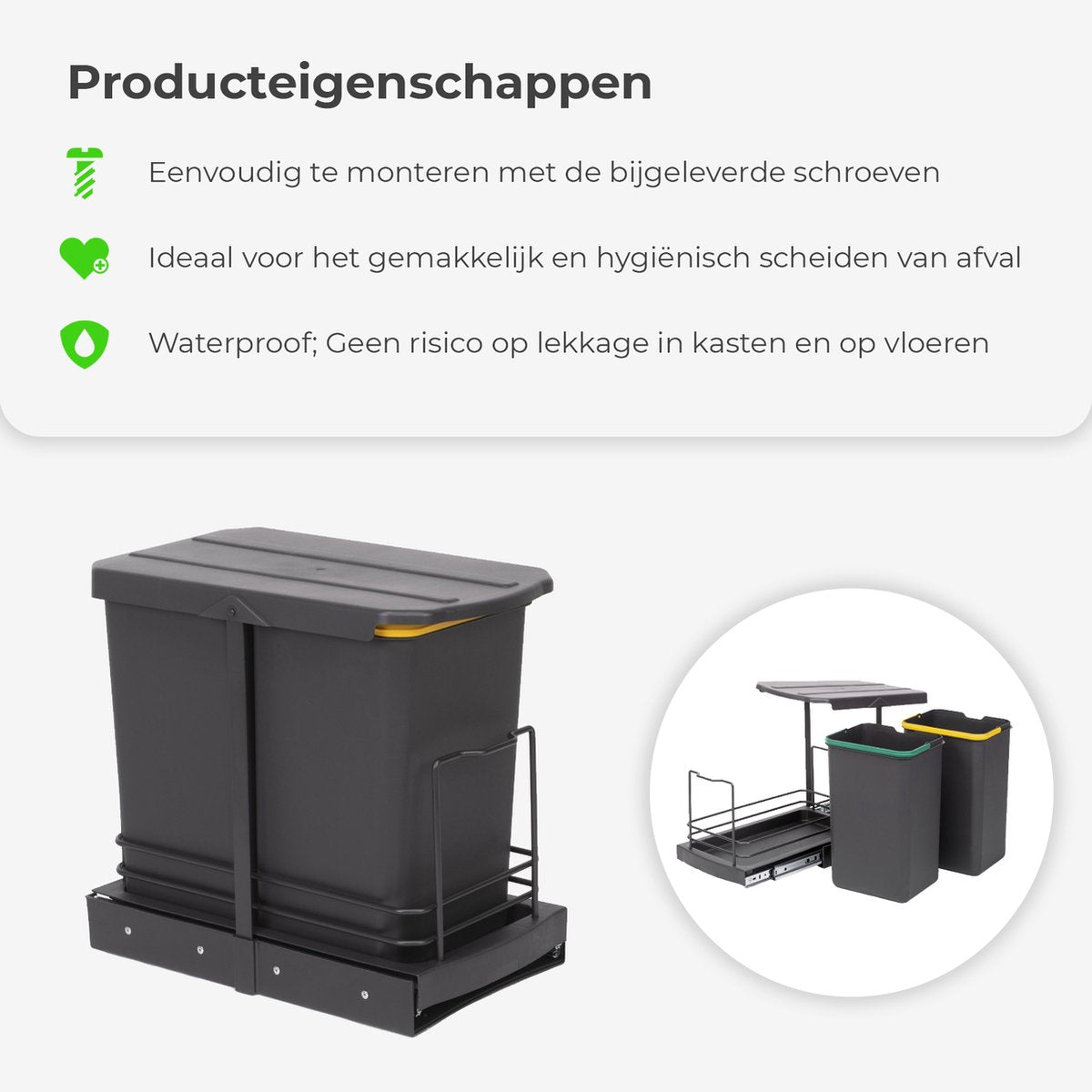 Inbouwprullenbak 2x12 Liter met bodembevestiging en automatisch uittrekbaar