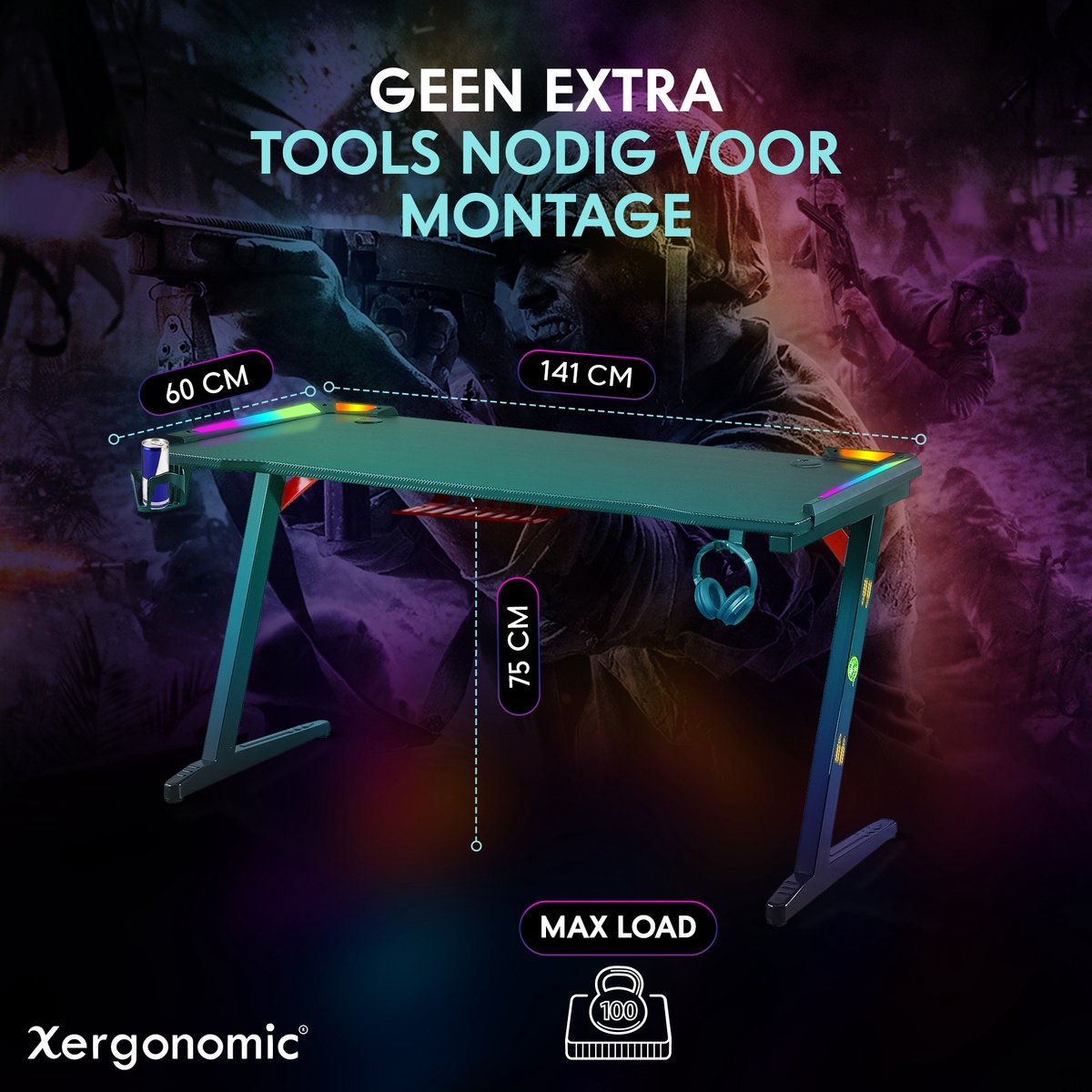 Xergonomic Hard2Kill Gaming Desk - Game Desk - Desk - Game Desk 140cm