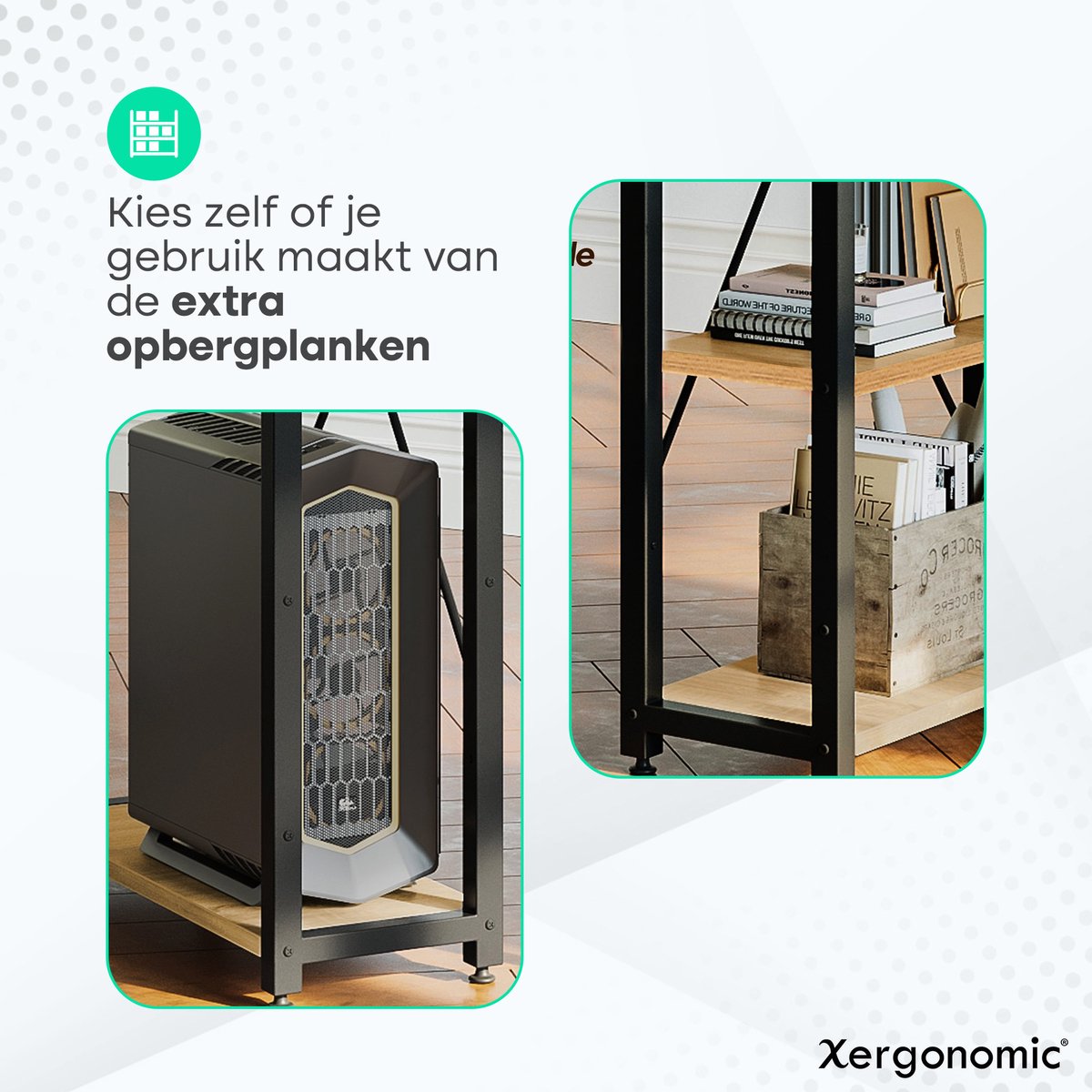 Tweedekans Xergonomic® Industrieel bureau met planken