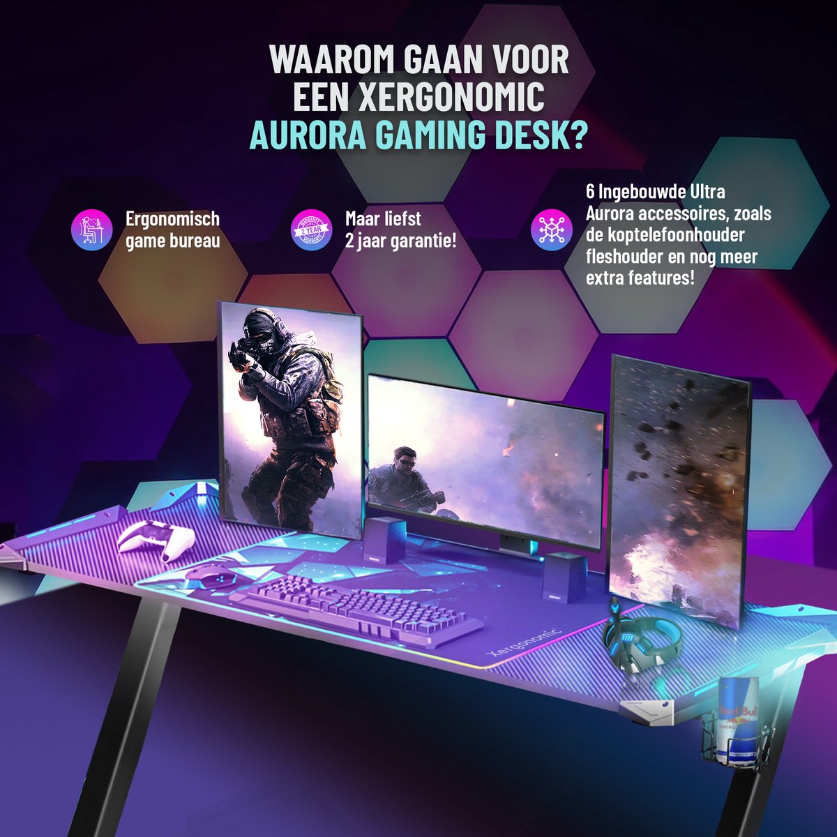 Xergonomic Aurora Game bureau met LED - Gaming desk - Game tafel - B125xH75xL62 cm - Zwart
