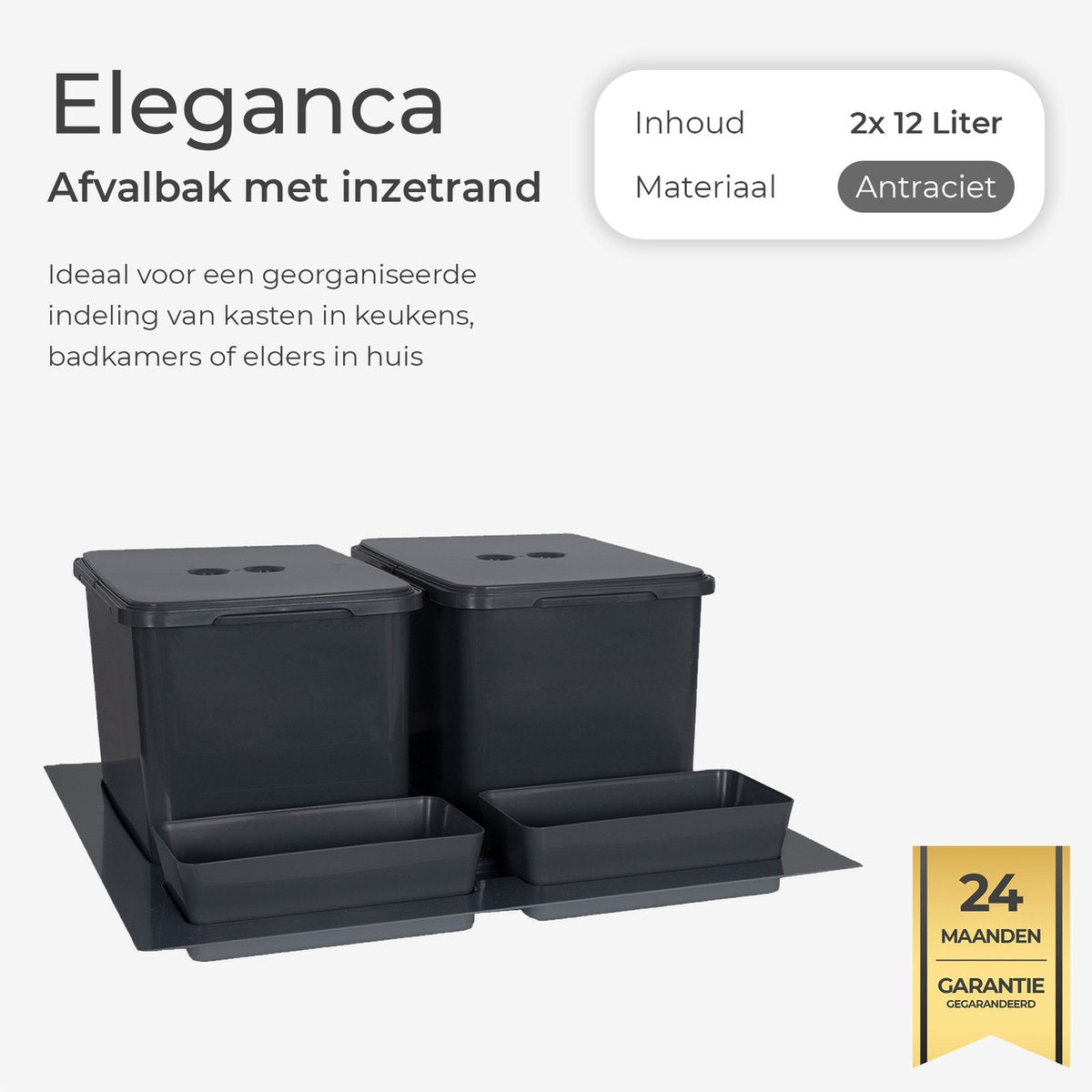Eleganca Prullenbak lade - Inbouw prullenbak - Inbouw afvalemmer - Inbouw afvalbak - Inbouw vuilnisbak - 2x12 Liter