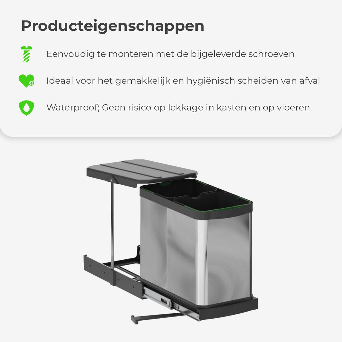 Inbouwprullenbak 2x12 Liter RVS bodembevestiging en automatisch uittrekbaar