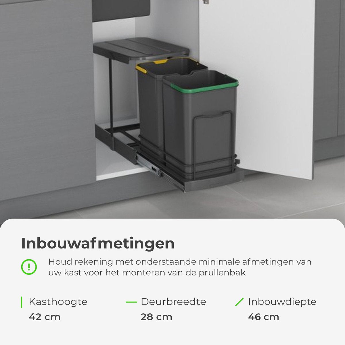 Inbouwprullenbak 2x12 Liter met bodembevestiging en automatisch uittrekbaar