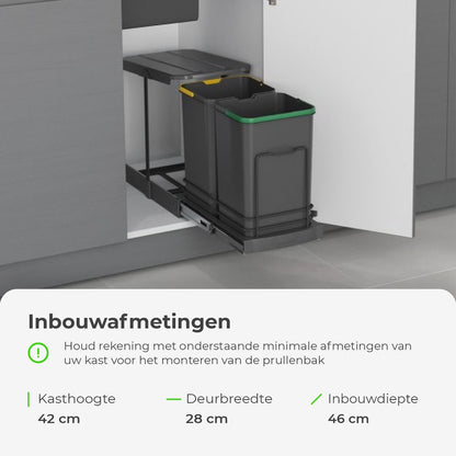 Inbouw prullenbak - Inbouw afvalemmer - Inbouw afvalbak - Inbouw vuilnisbak - Prullenbakken afval scheiden - 2x12 Liter met bodembevestiging en automatisch uittrekbaar