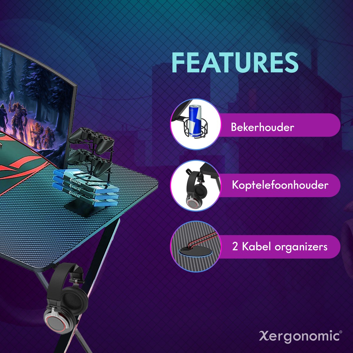 Xergonomic Aion Cyborg Game bureau - Gaming desk - Game tafel met koptelefoonhouder, bekerhouder & kabel organizer - Carbon Fiber Coated Toplaag - Verstelbare poten - D60xB160xH75 cm - Zwart/Rood