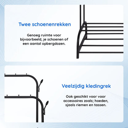 Eleganca Kledingrek met stangen en haken - Zwart - Staal - 2 Schoenenplanken