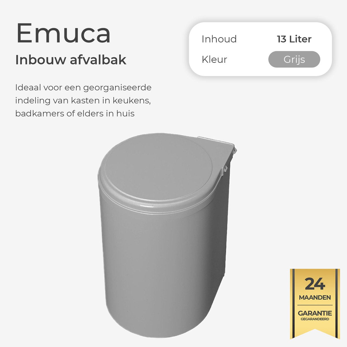 Inbouw prullenbak - Inbouw afvalemmer - Inbouw afvalbak - Inbouw vuilnisbak - 13 Liter rond Grijs