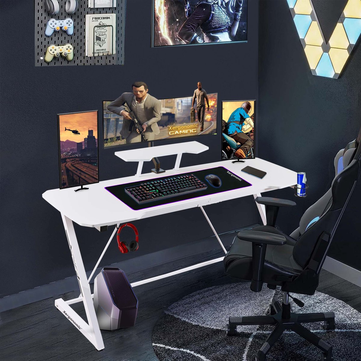 Xergonomic Morpheus SubzeroGame bureau - Gaming desk - Game tafel met koptelefoonhouder, bekerhouder & monitorstandaard - Carbon Fiber Coated Toplaag - D58xB160xH74,5-92 cm - Wit