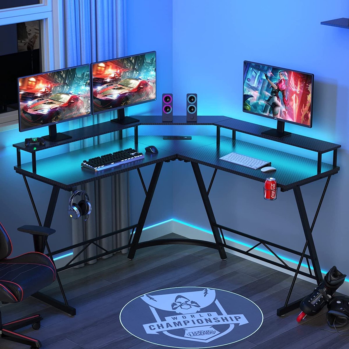 Xergonomic Game desk - Corner desk - Gaming table - Computer table - LED Lighting - 2 EU sockets &amp; 2 USB ports built-in - 127 x 127 x 74.4 cm - Black