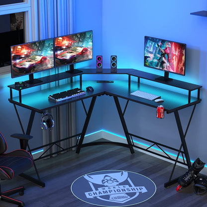 Xergonomic Game bureau met LED- Gaming desk - Game tafel – Hoekbureau - Computertafel - 2 EU stopcontacten & 2 USB-poorten ingebouwd – 127 x 127 x 74.4 cm – Zwart