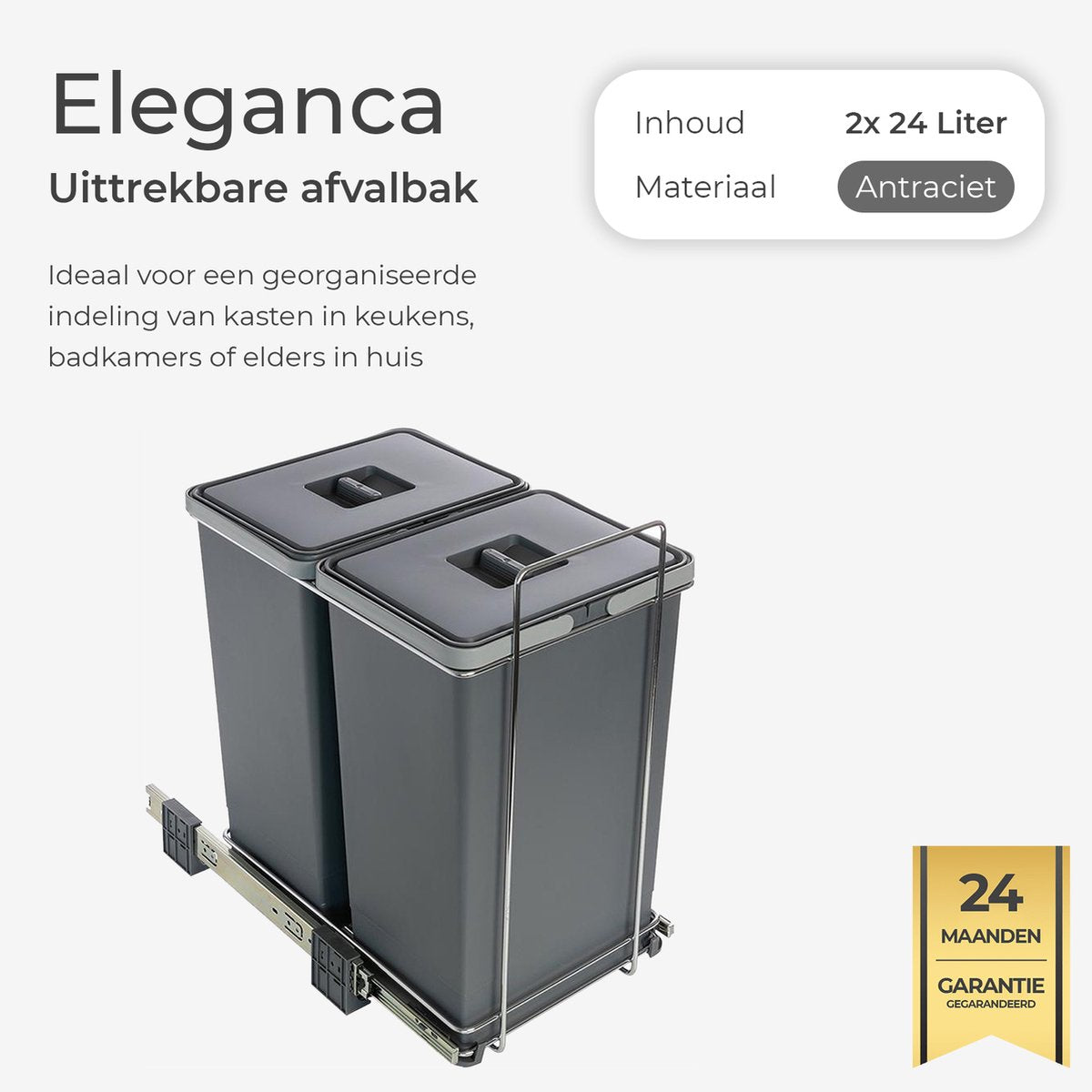 Eleganca Inbouw prullenbak - Inbouw afvalemmer - Inbouw afvalbak - Inbouw vuilnisbak - Prullenbakken afval scheiden - 2x24 Liter