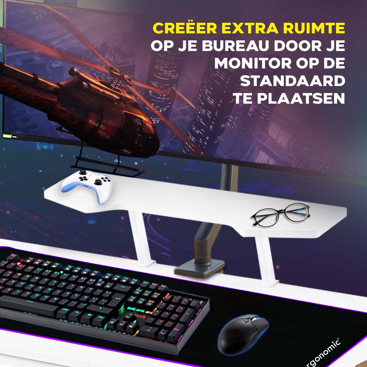 Xergonomic Morpheus SubzeroGame bureau - Gaming desk - Game tafel met koptelefoonhouder, bekerhouder & monitorstandaard - Carbon Fiber Coated Toplaag - D58xB160xH74,5-92 cm - Wit