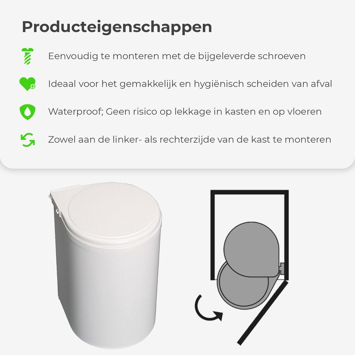 Inbouw prullenbak - Inbouw afvalemmer - Inbouw afvalbak - Inbouw vuilnisbak - 13 Liter rond Wit