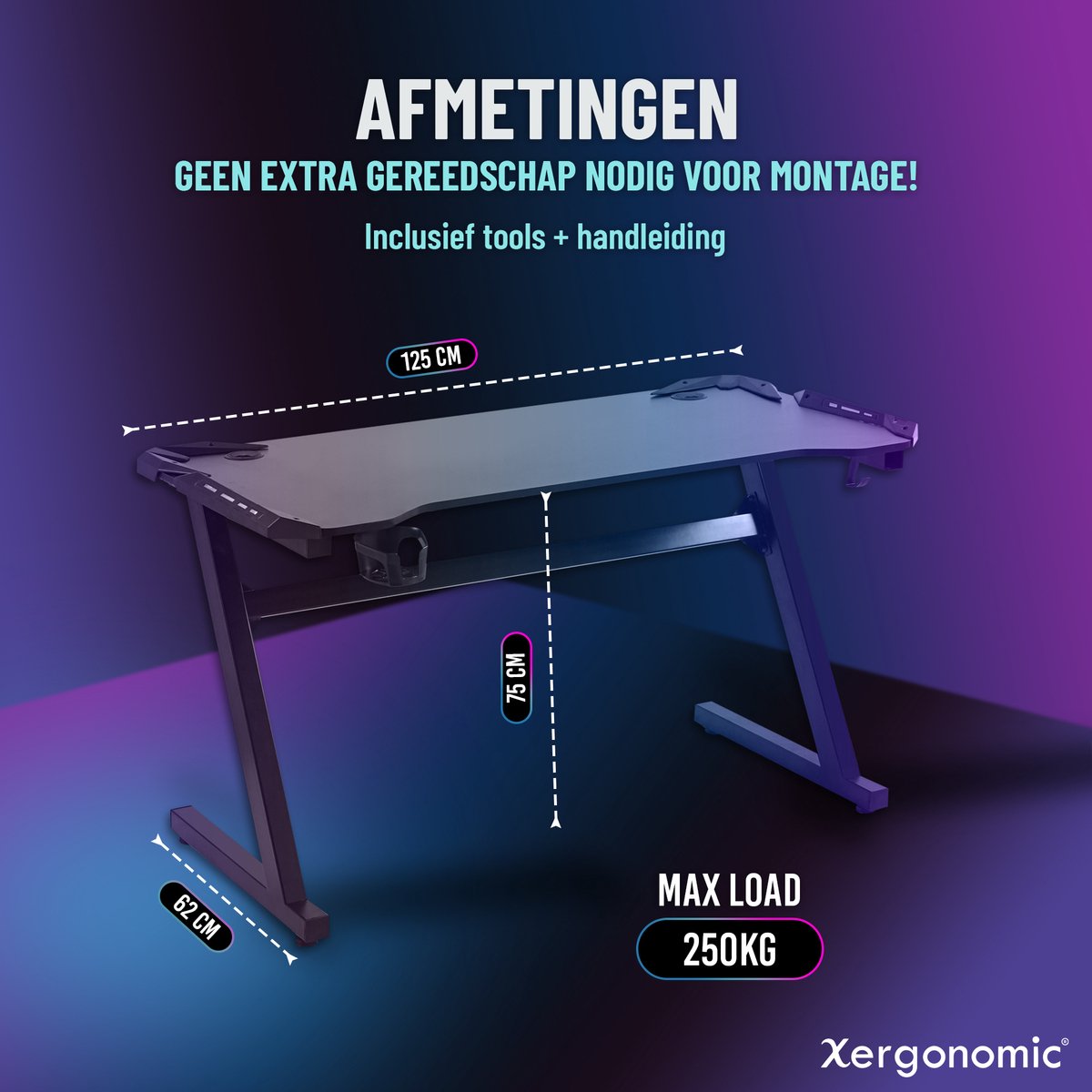 Xergonomic Aurora Gaming Desk - Carbonfiber look - Computer Tafel -LED-Verlichting - Incl. beker-, koptelefoonhouder en kabelorganizer - B125xH75xL62 cm - Zwart