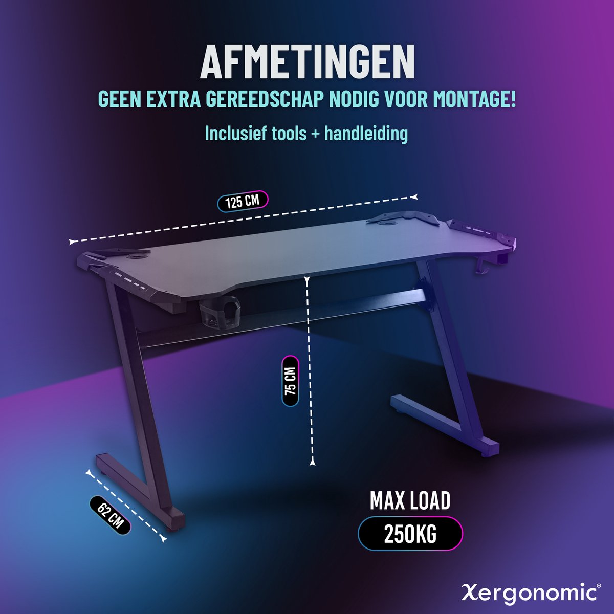 Xergonomic Aurora Game bureau met LED - Gaming desk - Game tafel - B125xH75xL62 cm - Zwart