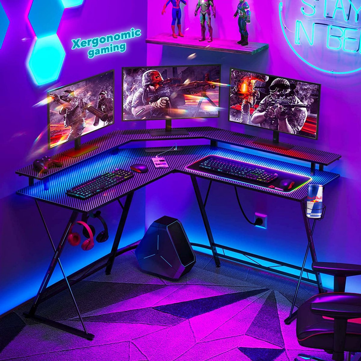 Xergonomic Game desk - Corner desk - Gaming table - Computer table - LED Lighting - 2 EU sockets & 2 USB ports built-in - 127 x 127 x 74.4 cm - Black
