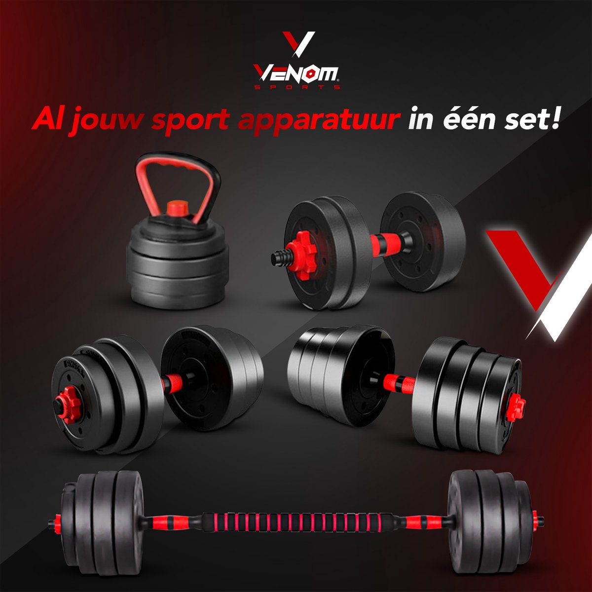 Venom Sports verstelbare dumbbell set inclusief kettlebell 40KG