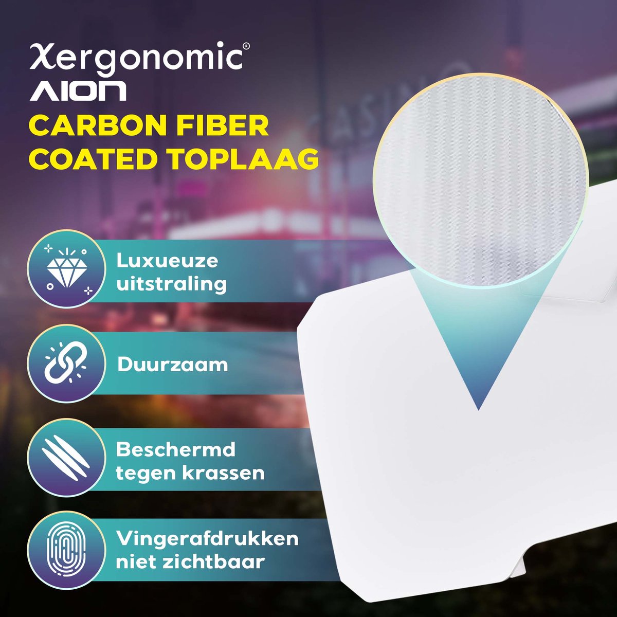 Tweedekans Xergonomic Morpheus Subzero Gaming bureau - Monitorstandaard - Carbon Fiber Coated Toplaag - 160cm- Wit