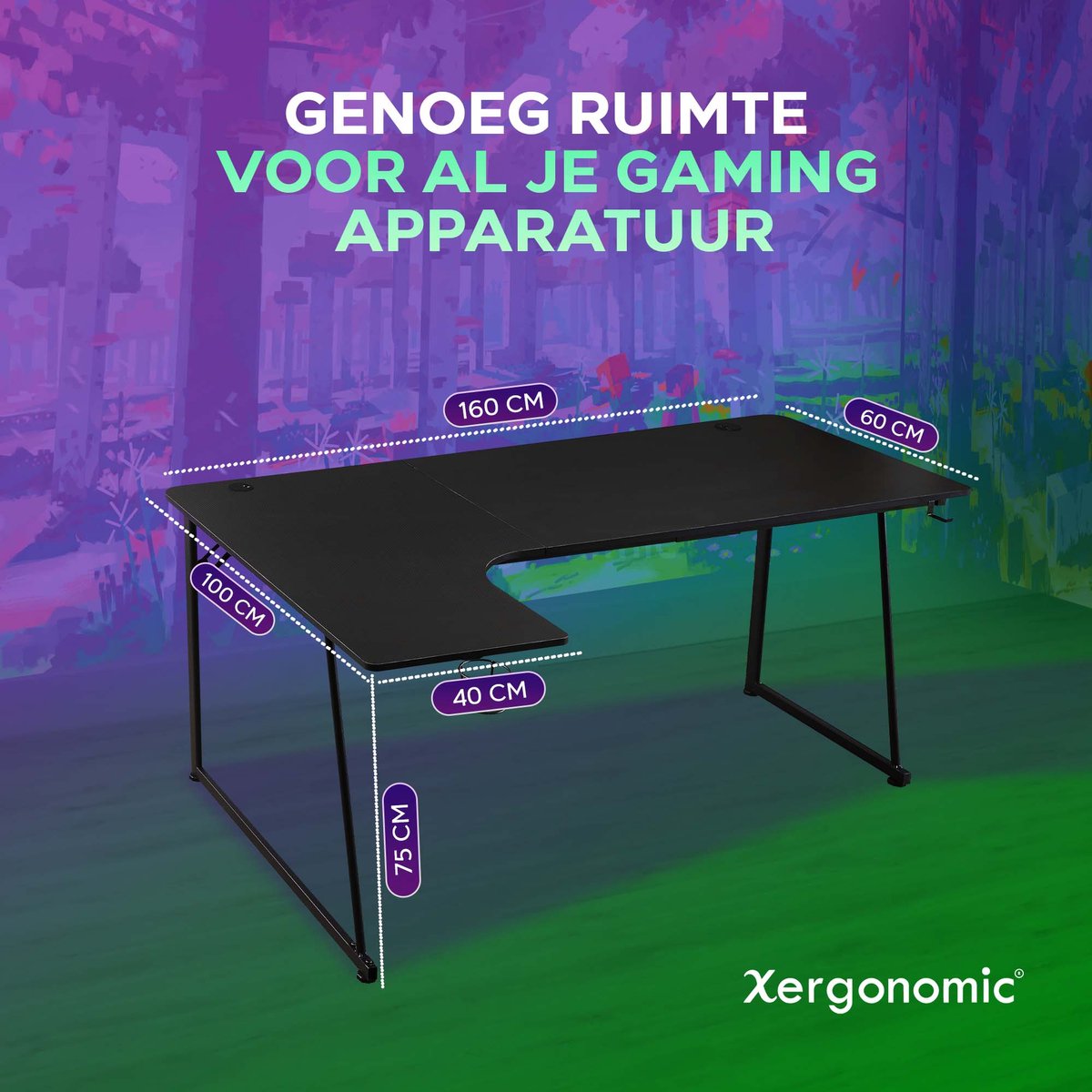 Xergonomic Neon Cyrex Game bureau - Gaming desk - Game tafel - Hoekbureau - D60-100xB40-160xH75 cm - Zwart
