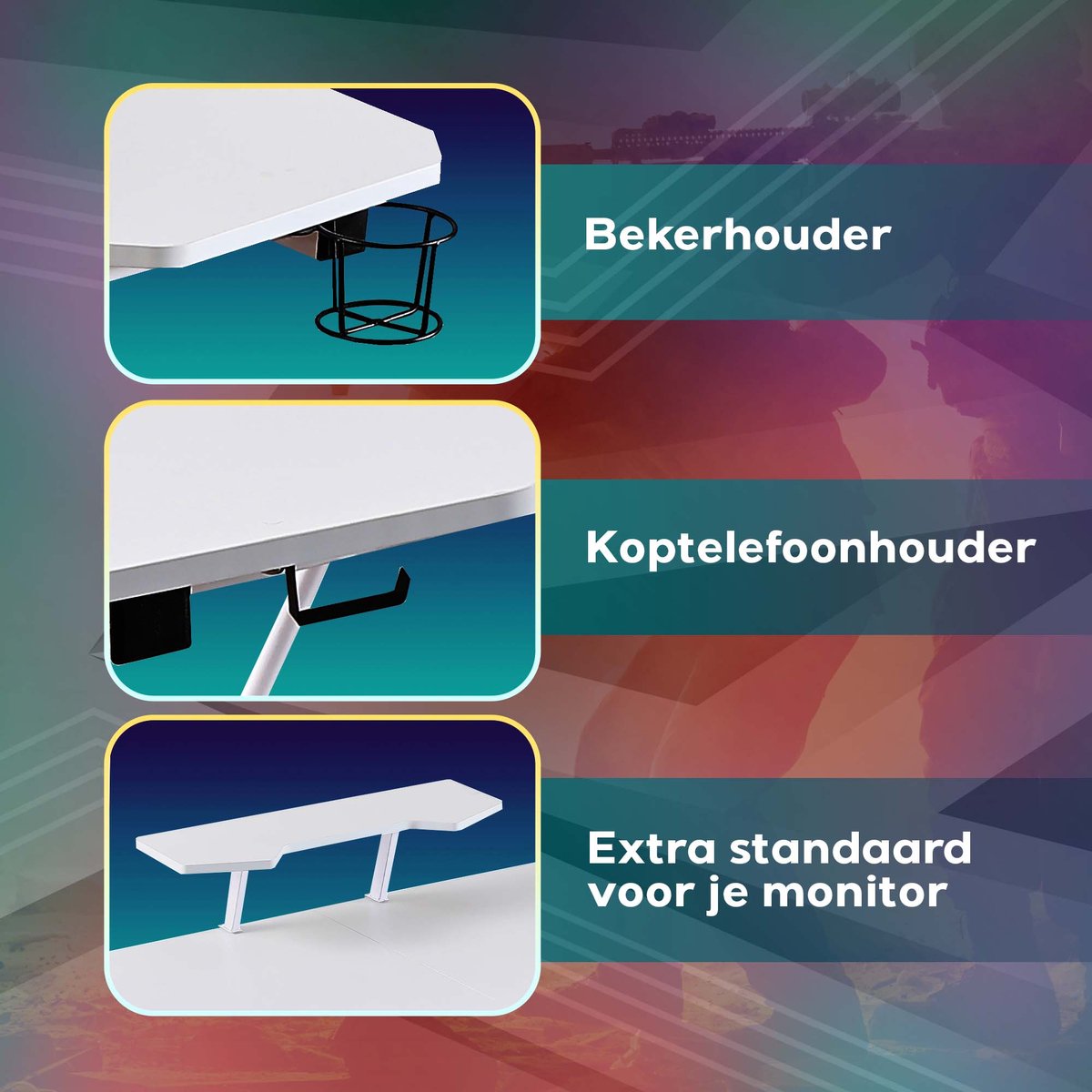 Xergonomic Morpheus SubzeroGame bureau - Gaming desk - Game tafel met koptelefoonhouder, bekerhouder & monitorstandaard - Carbon Fiber Coated Toplaag - D58xB160xH74,5-92 cm - Wit